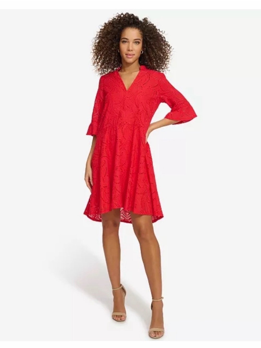 Kensie Bright Red Eyelet Midi Dress